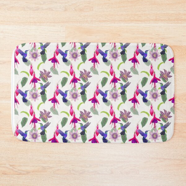Item preview, Hummingbird floral with fuchsia, raspberry mousse toad lily and passion flower, white background designed and sold by Naty Design Prague.
