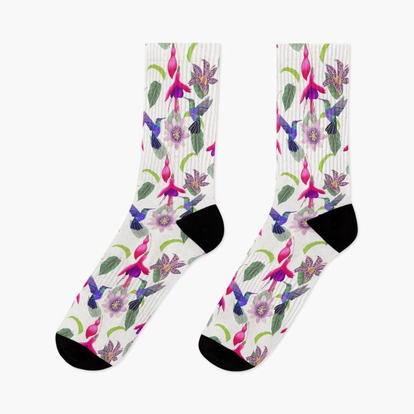 Item preview, Hummingbird floral with fuchsia, raspberry mousse toad lily and passion flower, white background designed and sold by Naty Design Prague.