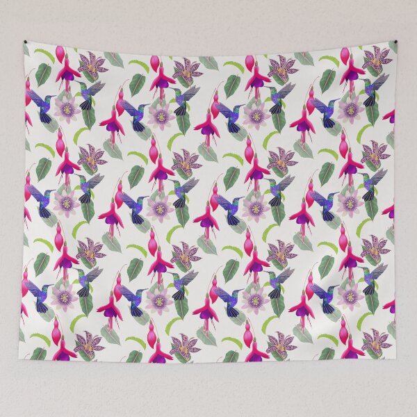 Item preview, Hummingbird floral with fuchsia, raspberry mousse toad lily and passion flower, white background designed and sold by Naty Design Prague.