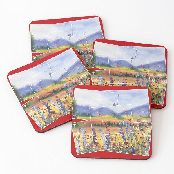 Item preview, Blue mountain collage on red designed and sold by CatherineAlvin.