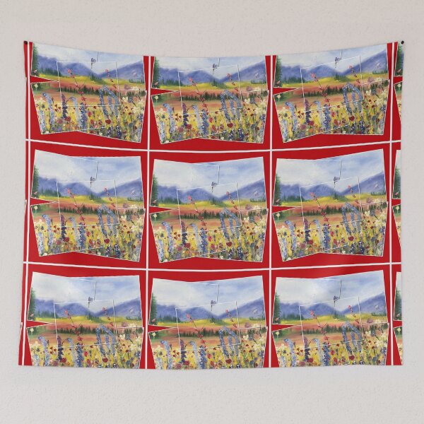 Item preview, Blue mountain collage on red designed and sold by CatherineAlvin.