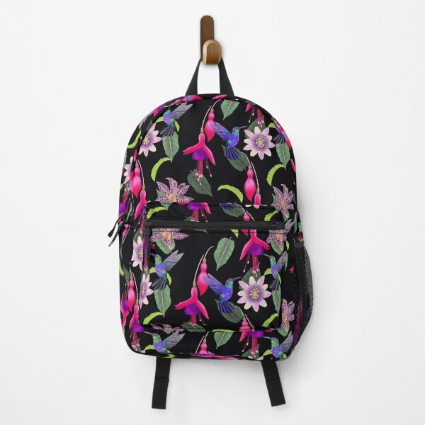 Item preview, Hummingbird floral with fuchsia, raspberry mousse toad lily and passion flower, black background designed and sold by Naty Design Prague.
