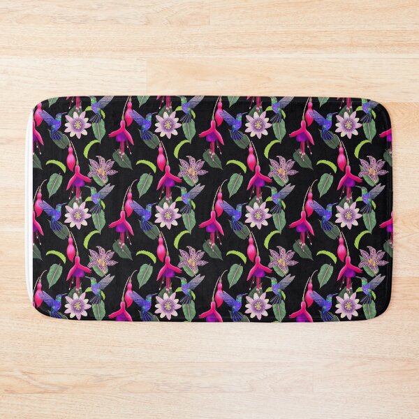 Item preview, Hummingbird floral with fuchsia, raspberry mousse toad lily and passion flower, black background designed and sold by Naty Design Prague.