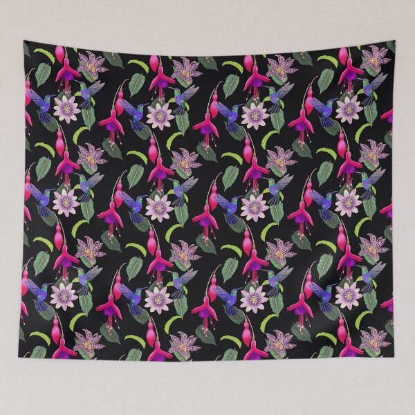 Item preview, Hummingbird floral with fuchsia, raspberry mousse toad lily and passion flower, black background designed and sold by Naty Design Prague.