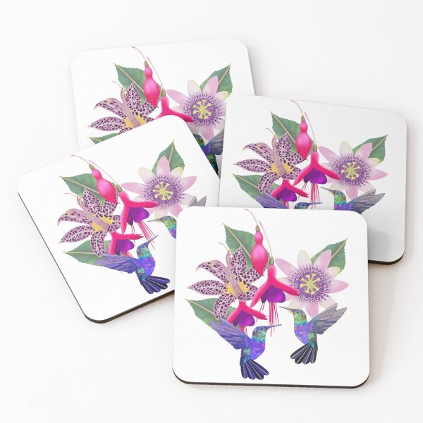Item preview, Hummingbird floral with fuchsia, raspberry mousse toad lily and passion flower, white background designed and sold by Naty Design Prague.