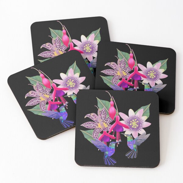 Item preview, Hummingbird floral with fuchsia, raspberry mousse toad lily and passion flower, black background designed and sold by Naty Design Prague.