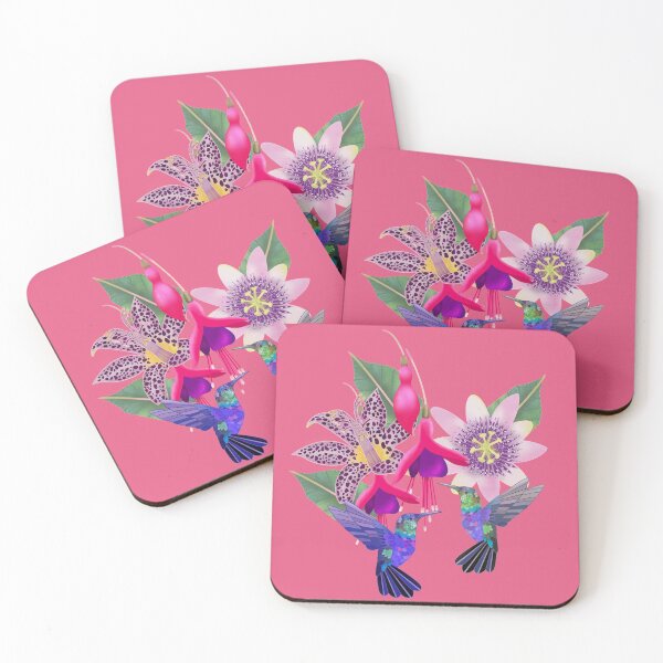 Item preview, Hummingbird floral with fuchsia, raspberry mousse toad lily and passion flower, hot pink background designed and sold by Naty Design Prague.