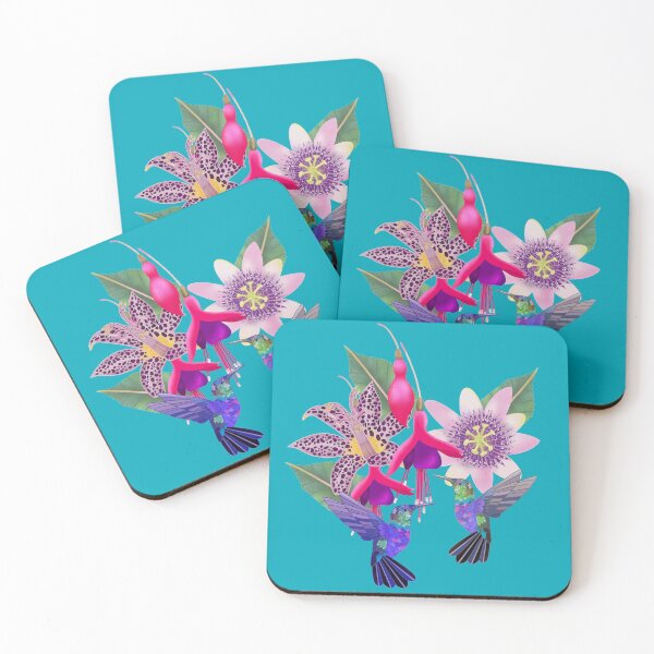 Item preview, Hummingbird floral with fuchsia, raspberry mousse toad lily and passion flower, A I Aqua background designed and sold by Naty Design Prague.