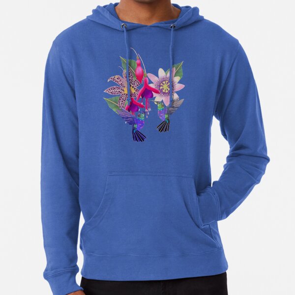 Hummingbird floral with fuchsia, raspberry mousse toad lily and passion flower, A I Aqua background Lightweight Hoodie