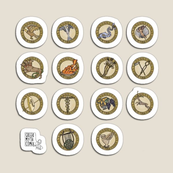 Greek Myth Comix - The Olympian Gods sacred symbols COLOUR Magnet