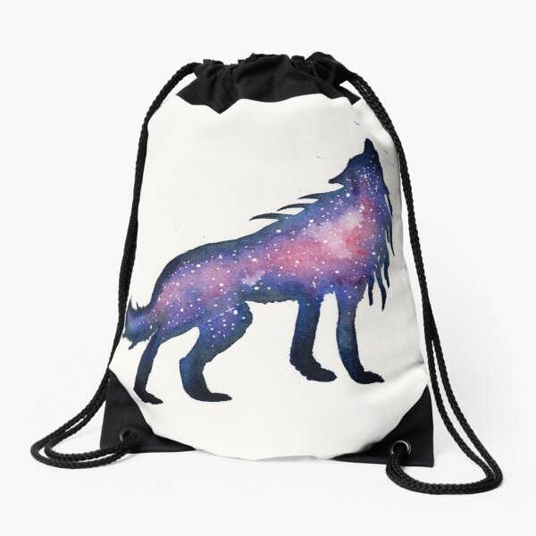 Purple Nebula Wolf Drawstring Bag