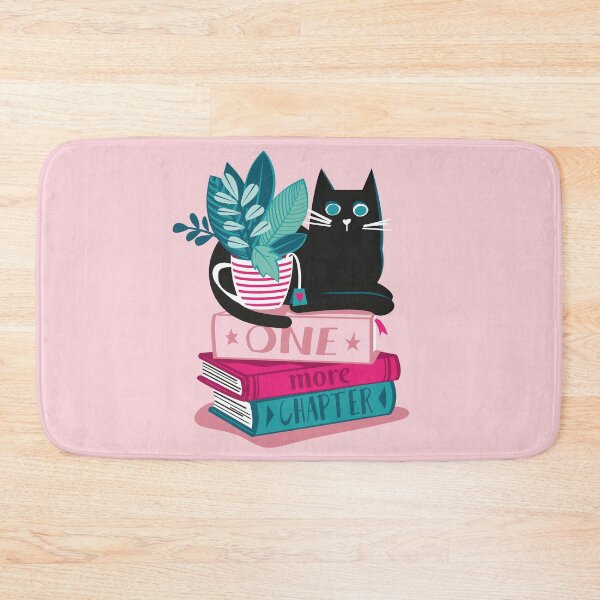 Item preview, One more chapter // pastel pink background black cat striped mug with plants fuchsia pink and teal books with quote designed and sold by SelmaCardoso.