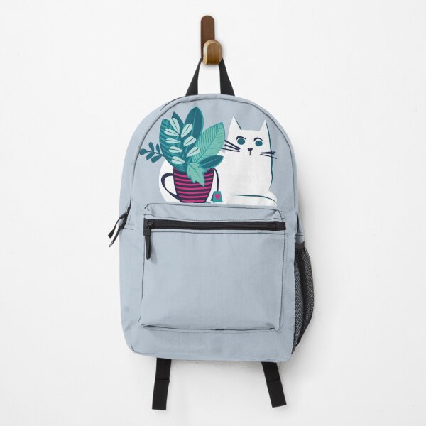 Item preview, One more chapter // pastel blue background white cat striped mug with plants fuchsia pink blue and teal books with quote designed and sold by SelmaCardoso.