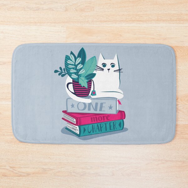Item preview, One more chapter // pastel blue background white cat striped mug with plants fuchsia pink blue and teal books with quote designed and sold by SelmaCardoso.