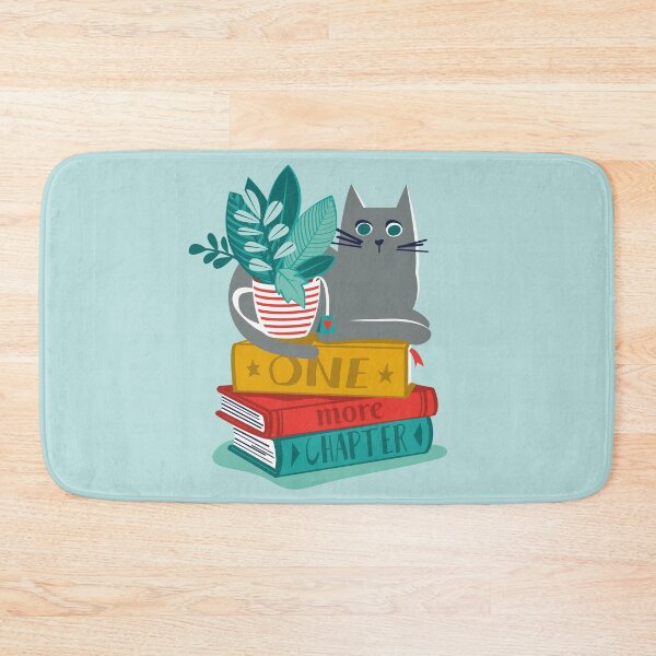 Item preview, One more chapter // aqua background grey cat striped mug with plants red, yellow and green books with quote designed and sold by SelmaCardoso.