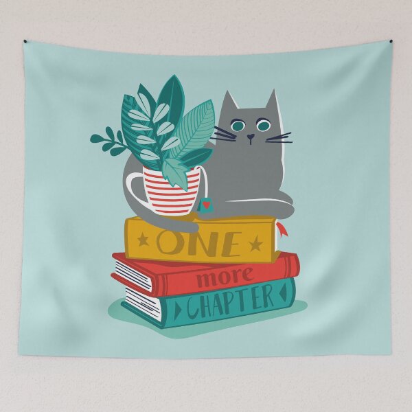 Item preview, One more chapter // aqua background grey cat striped mug with plants red, yellow and green books with quote designed and sold by SelmaCardoso.