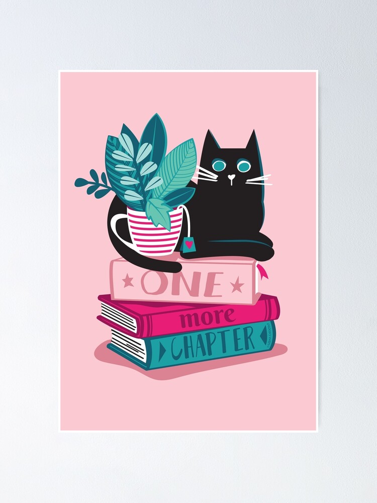 Póster «Un capítulo más // taza de rayas de gato negro de fondo rosa pastel  con plantas libros de color rosa fucsia y verde azulado con cita» de  SelmaCardoso | Redbubble