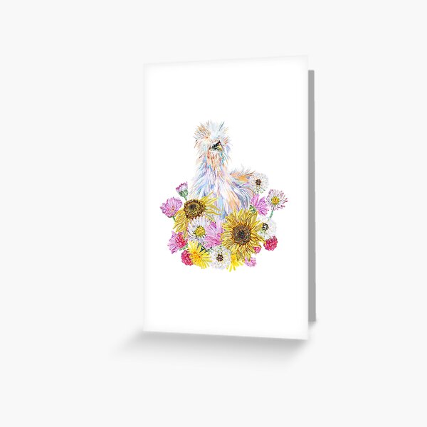 Item preview, White Silkie Chicken with Sunflowers, Daisies and Dandelions designed and sold by becca-boyce.