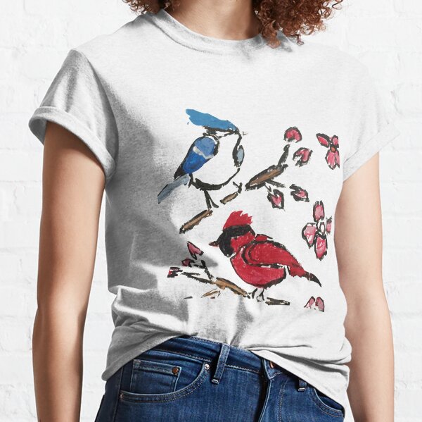 Women's V-Neck Bird Shirt Winter Birds T Shirt Cardinal Blue Jay