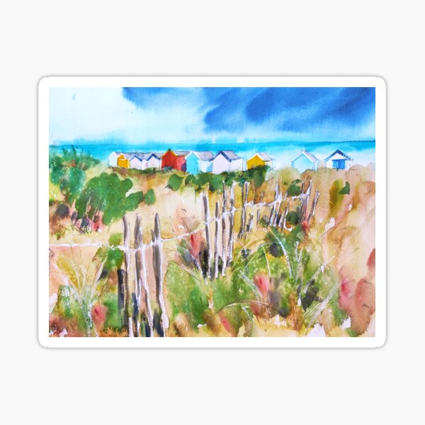 Item preview, BEACH HUTS - Suffolk coast - Southwold - beach huts painting - Coastal landscape - Watercolour landscape - Brightly coloured beach huts designed and sold by lyatee.