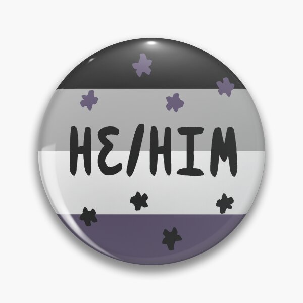 Item preview, he/him pronoun (pin/sticker - asexual flag) designed and sold by soapycarrot.
