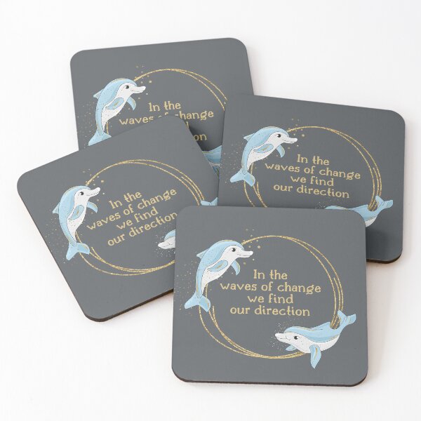 Item preview, In the waves of change we find our direction, cute dolphins and motivational inspirational quote, gold and blue designed and sold by Orianah.