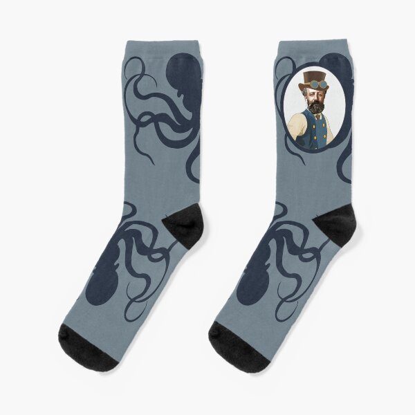 Chaussettes Jules Verne Kraken steampunk gris ardoise bleu Chaussettes