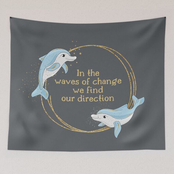 Item preview, In the waves of change we find our direction, cute dolphins and motivational inspirational quote, gold and blue designed and sold by Orianah.