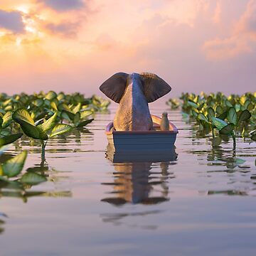 Artwork thumbnail, elephant and dog float in a boat on the river by Mike Kiev art