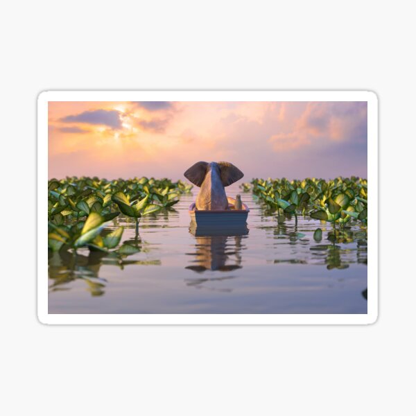 elephant and dog float in a boat on the river Sticker