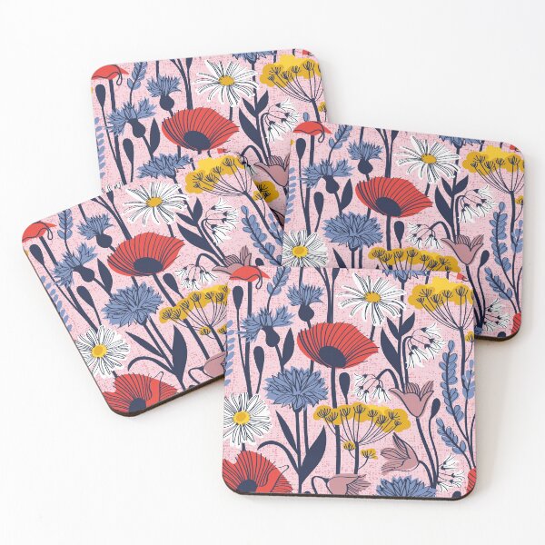 Item preview, Wild field // pastel pink background neon red orange shade poppies white daisies denim blue cornflower pink bluebells yellow fennel flowers and other wild flowers meadow plants designed and sold by SelmaCardoso.