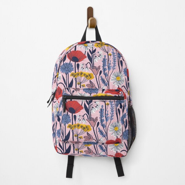 Item preview, Wild field // pastel pink background neon red orange shade poppies white daisies denim blue cornflower pink bluebells yellow fennel flowers and other wild flowers meadow plants designed and sold by SelmaCardoso.