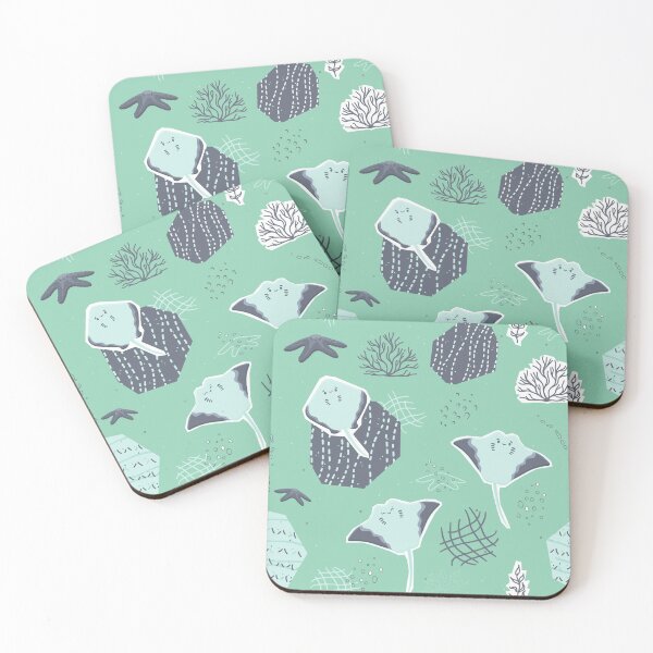 Item preview, Cute cartoon stingray, starfish characters with algae, corals seamless pattern. Collage, cut paper effect on aquamarine green background designed and sold by essskina.