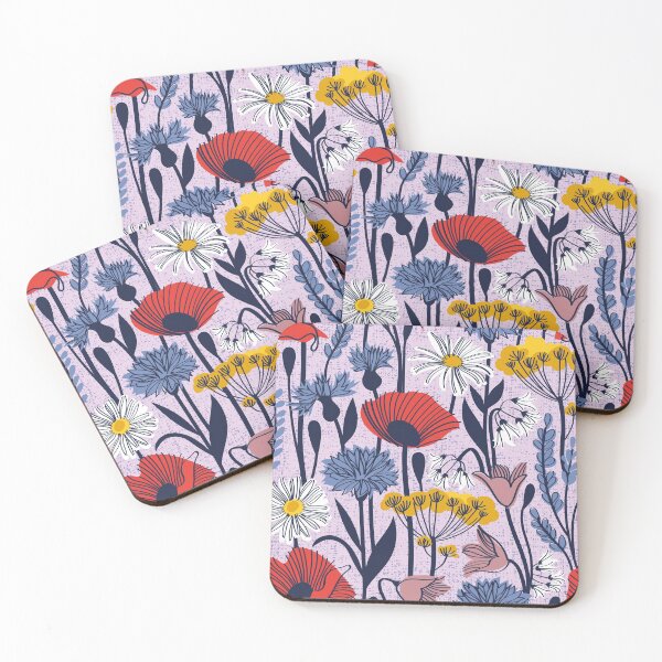 Item preview, Wild field // lavender background neon red orange shade poppies white daisies denim blue cornflower pink bluebells yellow fennel flowers and other wild flowers meadow plants designed and sold by SelmaCardoso.