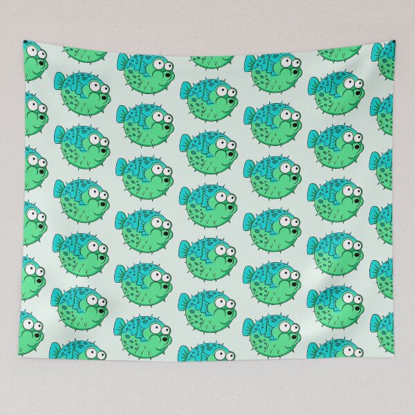Item preview, blue and green porcupine puffer fish with big eyes designed and sold by headpossum.