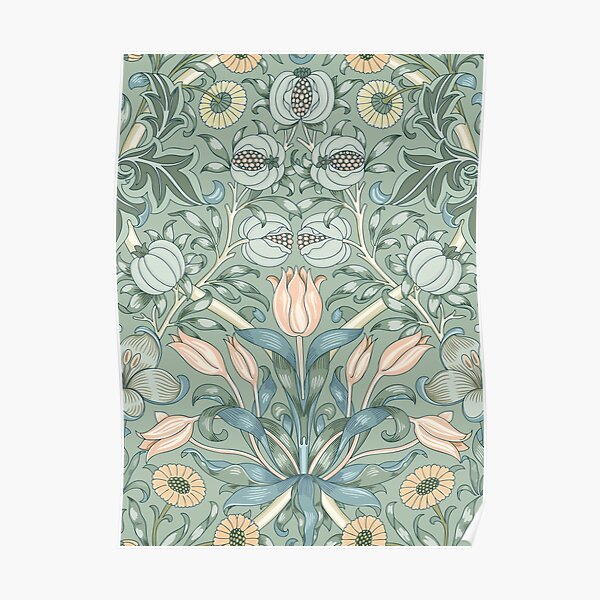 William Morris Vintage Tulip Powder Blue & Soft Pink Pattern Poster
