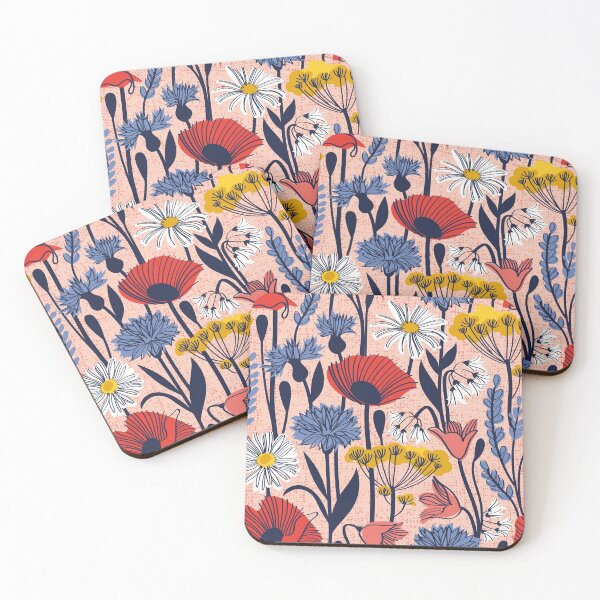 Item preview, Wild field // rose background neon red orange shade poppies white daisies denim blue cornflower coral bluebells yellow fennel flowers and other wild flowers meadow plants designed and sold by SelmaCardoso.
