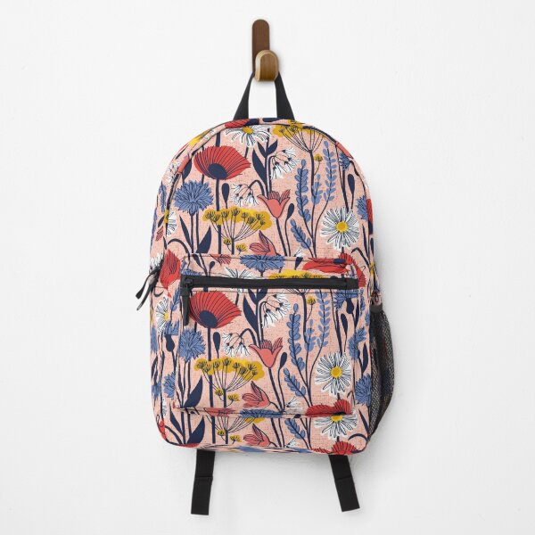 Item preview, Wild field // rose background neon red orange shade poppies white daisies denim blue cornflower coral bluebells yellow fennel flowers and other wild flowers meadow plants designed and sold by SelmaCardoso.