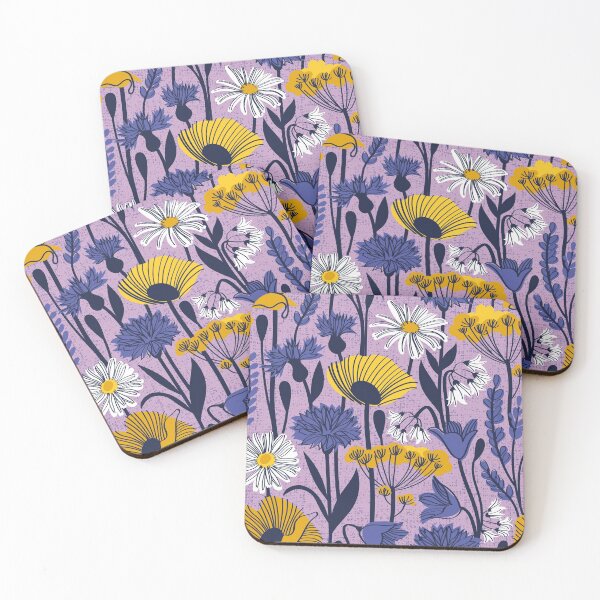 Item preview, Wild field // lilac background yellow poppies and fennel flowers white daisies blue cornflower bluebells and other wild flowers meadow plants oxford navy blue line contour designed and sold by SelmaCardoso.