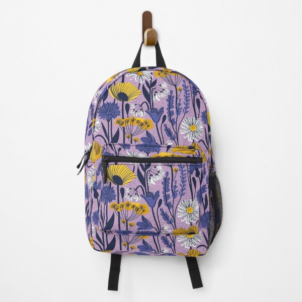 Item preview, Wild field // lilac background yellow poppies and fennel flowers white daisies blue cornflower bluebells and other wild flowers meadow plants oxford navy blue line contour designed and sold by SelmaCardoso.