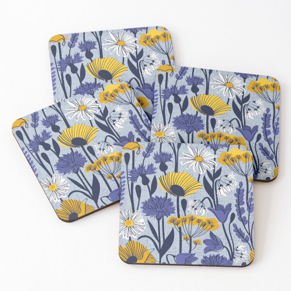 Item preview, Wild field // pastel blue background yellow poppies and fennel flowers white daisies blue cornflower bluebells and other wild flowers meadow plants oxford navy blue line contour designed and sold by SelmaCardoso.