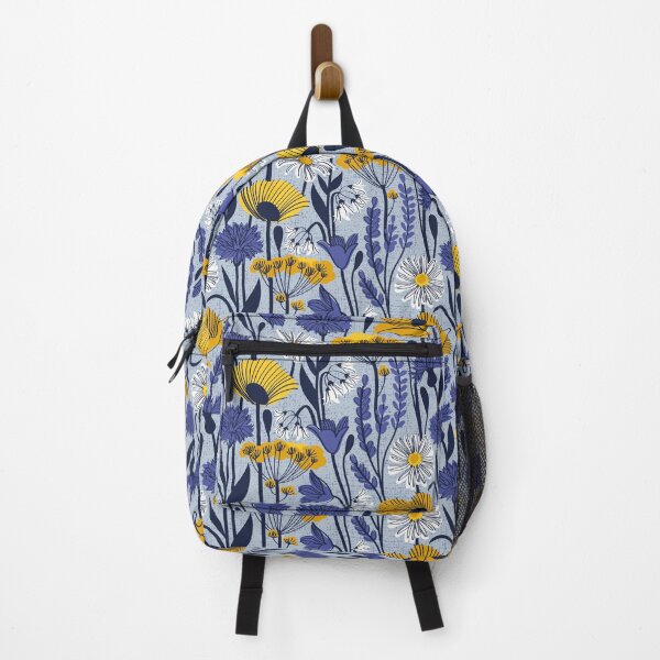 Item preview, Wild field // pastel blue background yellow poppies and fennel flowers white daisies blue cornflower bluebells and other wild flowers meadow plants oxford navy blue line contour designed and sold by SelmaCardoso.
