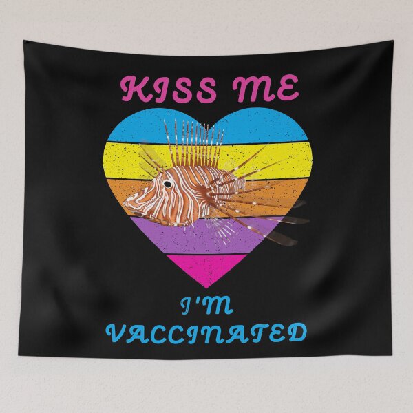 Item preview, Kiss Me I Am Vaccinated Lionfish Rainbow Heart Distressed Black BG designed and sold by KeysTreasures.