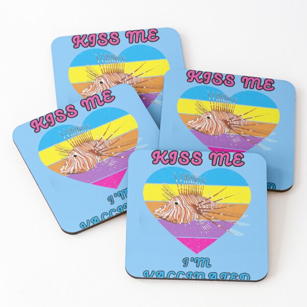 Item preview, Kiss Me I Am Vaccinated Lionfish Rainbow Heart Distressed Blue BG designed and sold by KeysTreasures.