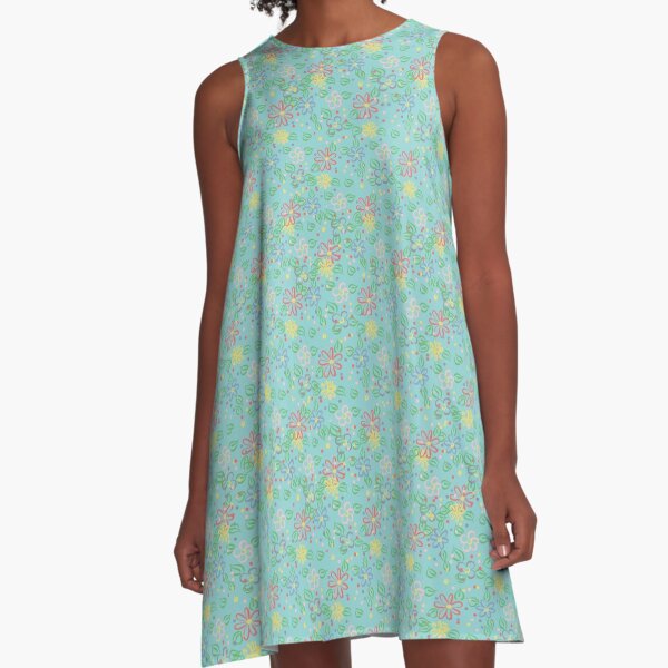 Aqua, Yellow and Pink, Dainty Flowers A-Line Dress