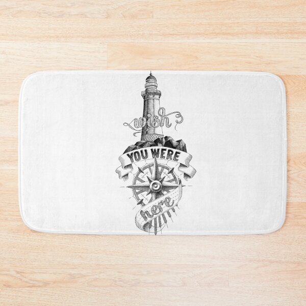Item preview, “Wish you were here” statement illustration with lighthouse and compass designed and sold by TrueType.