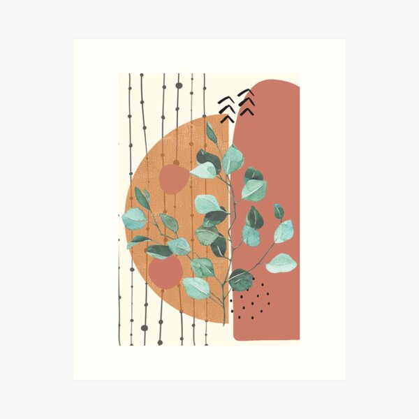 Eucalyptus Branch Abstract geometry Watercolor Tropical Boho Minimalist Art with warm earthy tones and pastel colors with solid and soft gradient shapes XII Art Print