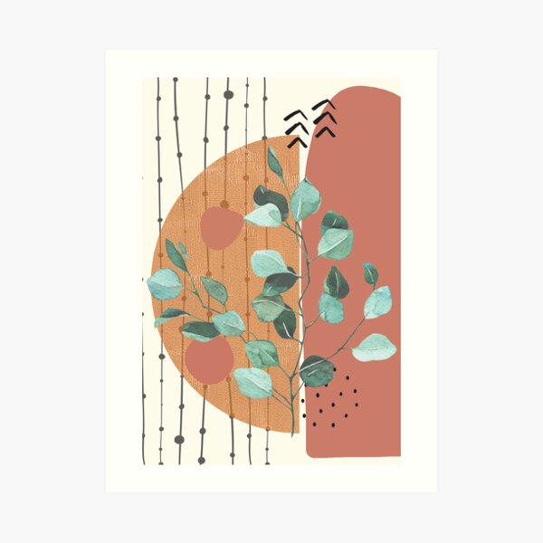 Eucalyptus Branch Abstract geometry Watercolor Tropical Boho Minimalist Art with warm earthy tones and pastel colors with solid and soft gradient shapes XII Art Print