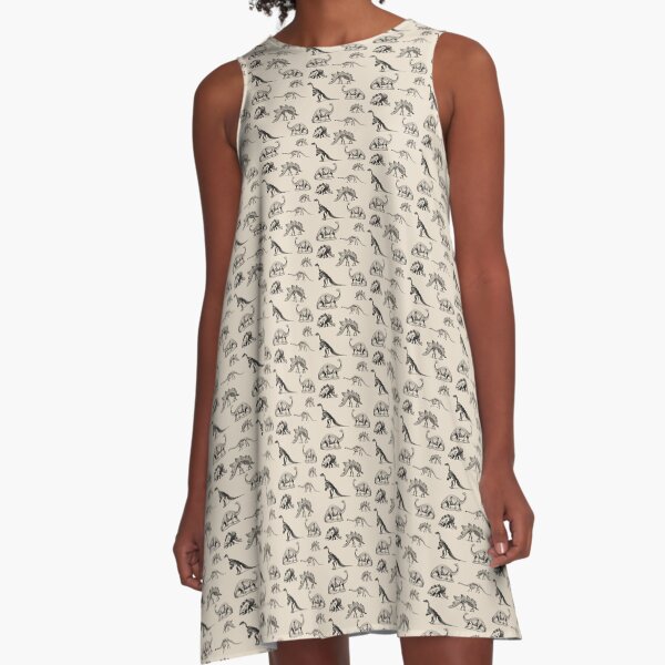 Vintage Museum Dinosaur Skeleton and Illustrations on Cream (smaller version) A-Line Dress