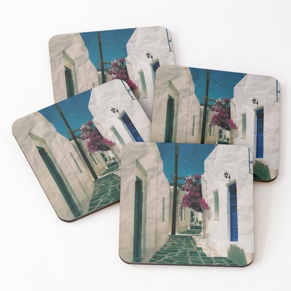 Item preview, Paros island, Beautiful pink flower bordering white houses, paper style designed and sold by Yellowsprint.